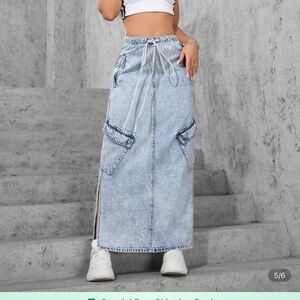 Women's Drawstring Waist Cargo Pocket Maxi Denim Skirt Size Medium (6)